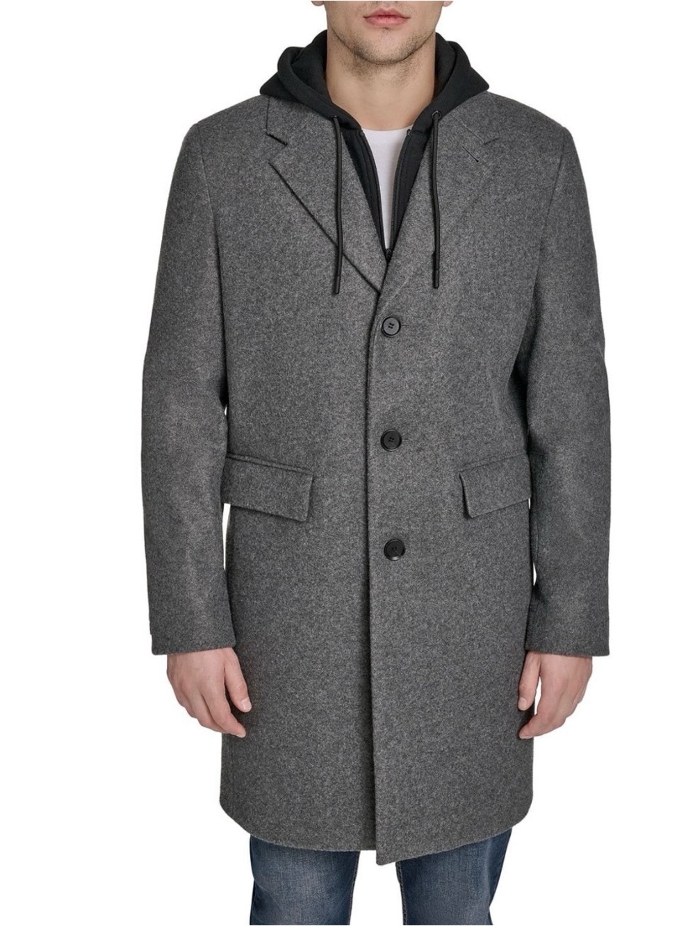 DKNY Men's Charcoal Hooded Wool-Blend Overcoat -Removable Hood
